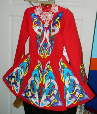 Embroidered Red W/ Blue & Yellow Girls Irish Step Dancing Costume Med. VG - Exc • $49.99