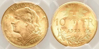 $699.99 • Buy 1922 B Beautiful Gold Coin Switzerland Swiss Confederation Ten Francs MS 65