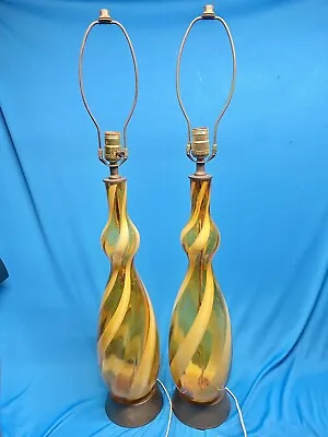 PAIR Vintage MCM Murano Twist Swirl Ribbon Candy Amber Art Glass Table Lamp 24  • $769.99