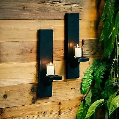 2 X Rustic Wooden Candle Sconces Decorative Wall Mounted Black Candle Holders • £34.99