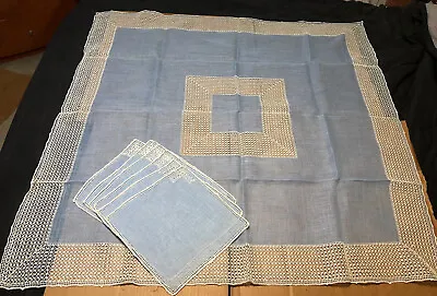 Vtg 1960s Italian Linen Hand Woven 46x46 Tablecloth  6 Placemats 11x11 - Blue • $39.99