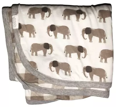 Mud Pie Beige Brown ELEPHANT Plaid Cotton 2 Ply Baby Blanket Gray Trim Lovey EUC • $29