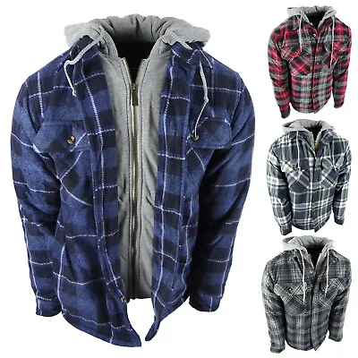 Mens Plaid Flannel Shirt Hoodie Soft Fuzzy Fleece Sherpa Lined Zip-Up 4 Pocket • $37.95
