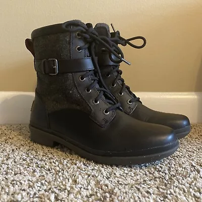 Authentic UGG Kesey Waterproof Black Leather Lace Up Buckle Boots Size 9 1005264 • $49.99