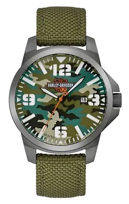 Harley-Davidson Men's B&S Camo Print Stainless Steel Watch W/ Nylon Strap 78B157 • $170