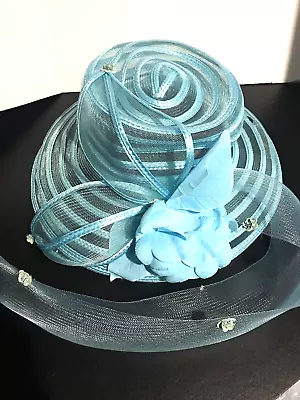 Bonnet Hat Kentucky Derby Sky Blue With Flower And Bow Vintage Unique Women's • $29.60