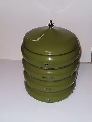 $34 • Buy Vintage MCM Stacking Pagoda Green Canisters Set With Metal Knob