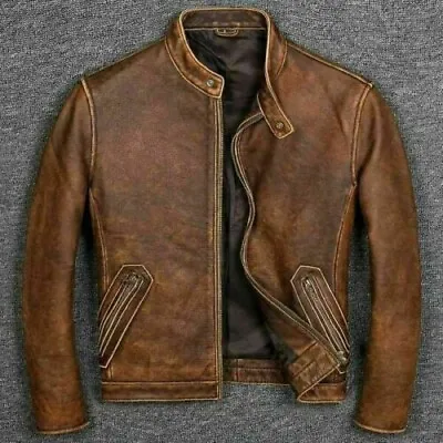 Mens Motorcycle Cafe Racer Vintage Biker Brown Distressed Real Leather Jacket • $124.99