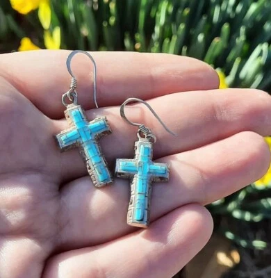 $42 • Buy Sterling Silver Turquoise Inlay Cross Hook Dangle Earrings Southwest Zuni Style