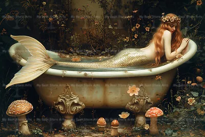 MERMAID In BATHTUB ART PRINT Wall Decor Siren Poster Cottagecore Artwork D116 • $29