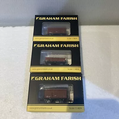 Graham Farish N Gauge  Rake Of 3 - 2 Early/Late Fruit Vans & 1 Open Wagon. Boxed • £25.50