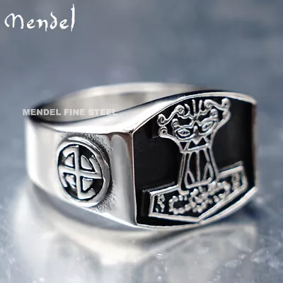 MENDEL Mens Norse Viking Sigil Thors Hammer Ring Solid Stainless Steel Size 7-15 • $11.99