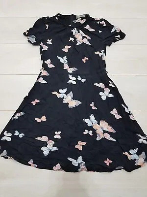 Oasis A-Line Short Dress Size 10 Black Butterflies Short Sleeve Zip Casual • £17.99