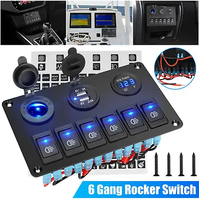 Car Marine Boat 6 Gang Waterproof Circuit Rocker Switch Blue LED Panel Breaker • $23.98