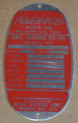 Vintage Doerr Powermate Machin Co Ball Bearing Motor Blank Tag Emblem Sign • $9.95