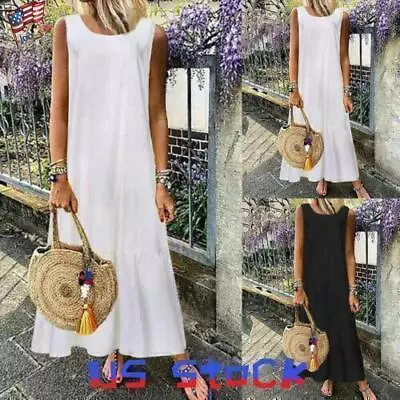 Plus Size Women Cotton Linen Maxi Long Dress Kaftan Sleeveless Holiday Sundress • $22.89