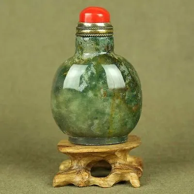 With Red Coral Top Lid Chinese Floater Green Moss Agate Snuff Bottle • $240