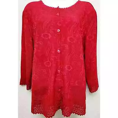 Rebecca Malone Petites Red Button Up Cardigan Sweater PXL Scalloped Hem Soft • £25.09