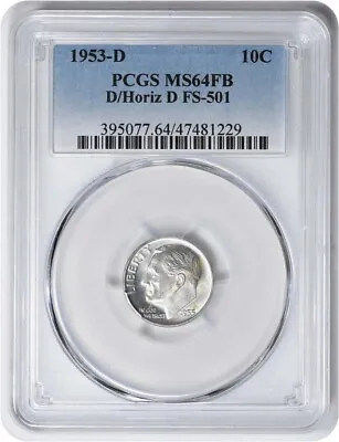 1953-D Roosevelt Silver Dime D/Horiz D FS-501 MS64FB PCGS • $364