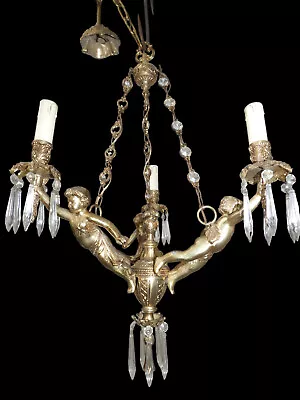 Vintage French Bronze Putti Cherub 3 Arm Chandelier Crystal Glass Drops 1960 • $1225
