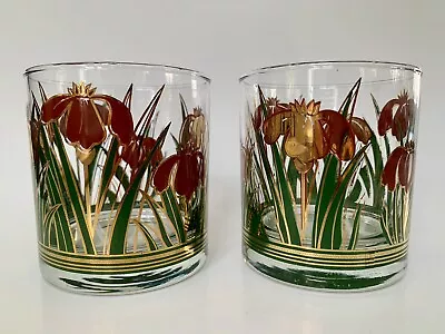 Pair (2) Vintage Culver 22Kt Gold Cinnabar Iris Lowball Glasses 1970s Excellent • $25