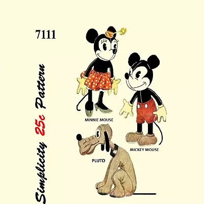 Mickey Mouse Minnie Mouse  Pluto Sewing Pattern Simplicity 7111 Vintage 1945 • $12.95