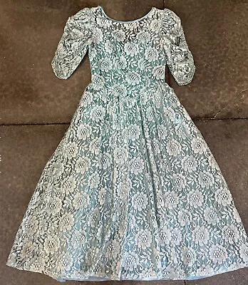 Vintage 80’s Teal Tea Length Satin And Lace Overlay Bridesmaid Formal Dress Sz 7 • $19.99