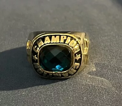 Champion Star Gold Tone Ring ~ Size 10 ~ Blue Green Turquoise Teal Colored Stone • $20