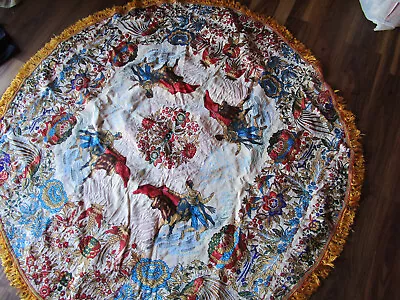 Vintage Tablecloth Bull Fighter Jacquard Fringe 60  Round Vibrant • $42.99