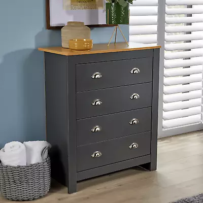 Chest 4 Drawers Bedroom Furniture Graphite Oak Top Metal Handles Wood Nightstand • £89.99