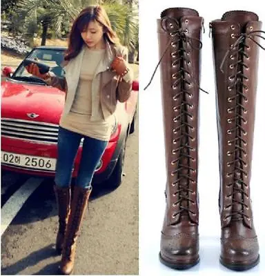 $78.44 • Buy Womens Leather Brogue Lace Up High Block Heels Over Knee High Boots  Sz Hot Sale