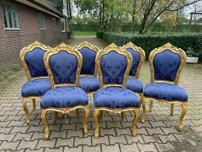 Regal Elegance: Set Of 6 French Louis XVI Dining Chairs In Blue Damask And Gold • $2700