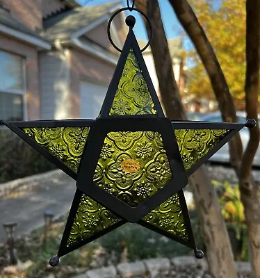 Green Hanging Star Candle Tea Light Lantern Outdoor Patio Decor Glass & Metal • $25