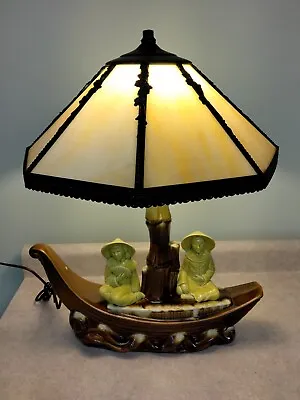 Vintage Mid Century Asian Oriental Table Lamp Green Ceramic Porcelain Boat Shade • $129.98