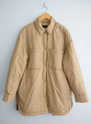 Zara Womens Padded Shirt Jacket Size M Camel Nylon Oversized Pockets Snap Collar • $33