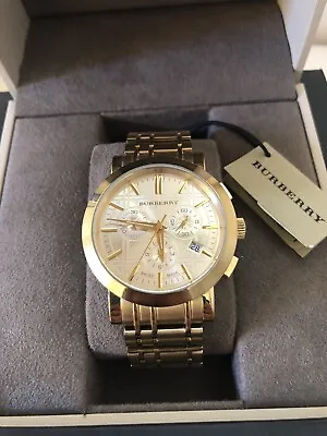 Burberry Mens Watch In Gold Color Adjustable Link Comes With Original Box. • $1299