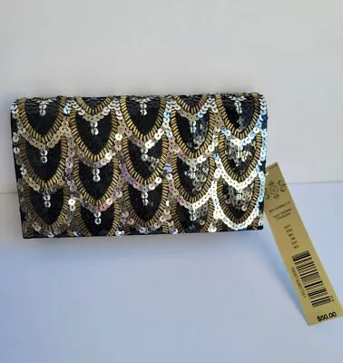 Kate Landry Silver Gold Beaded Sequins Black Satin Evening Clutch Purse Bag NWT  • $25