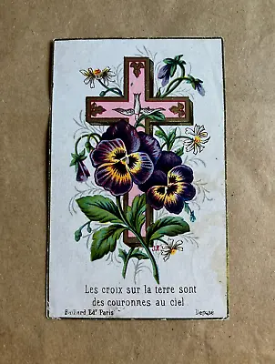 Vtg French Religious Catholic HOLY CARD Cross Pansies Prayer Les Croix Sur Terre • $14.99