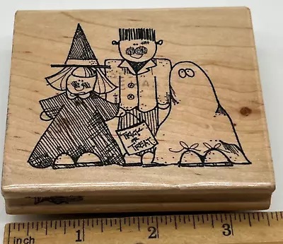 Trick Or Treat Kids Rubber Stamp HALLOWEEN WITCH FRANKENSTEIN MONSTER COSTUMES • $3.95