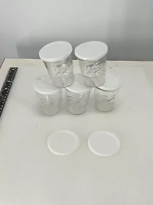 $35 • Buy 5 Vintage BALL Jelly Jam Freezer Jars W/ 7 White Plastic Snap-On Lids