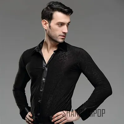 Men Dance Shirt Ballroom Modern Salsa Samba Smooth Latin Floral Tango Black New • £34.14