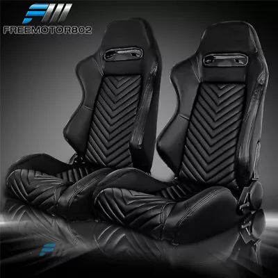 Adjustable Universal Racing Bucket Seats Black PU Pair & 2 Dual Sliders • $348.99