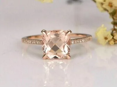 2Ct Cushion Lab-Created Solitaire Morganite Engagement Ring 14K Rose Gold Plated • $77.99