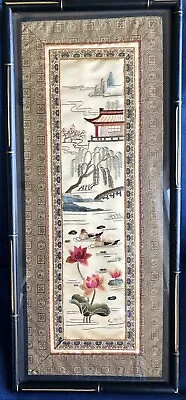 Vintage Chinese Fine Silk Embroidery Panel Bamboo Frame Scenic Ducks 24”x11” • $45