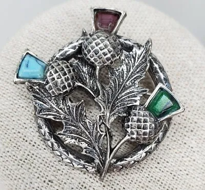 Vtg Scottish Celtic Silver Tone Brooch Blue Green Purple Stones Miracle Signed  • $25.50