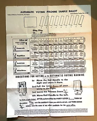 1956 Automatic Voting Machine Sample Ballot Adlai Stevenson V Dwight Eisenhower • $33.50