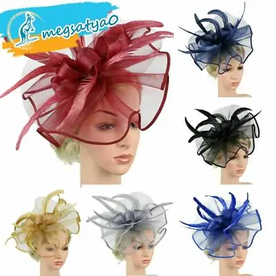 $16.22 • Buy Large Flower Feather Hair Hat Fascinator Headband Clip Wedding Royal Ascot Race