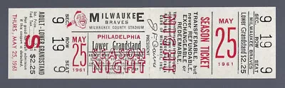 AARON & TORRE HOMERUN 1961 MLB MILWAUKEE BRAVES FULL TICKET MAY 25 Played JULY 5 • $29