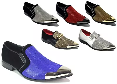 Men Formal Silver Gold Shoes Slip On Pointed Shiny Dress Party Outdoor Size 6-12 • £38.99