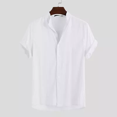 Mens Short Sleeve Cotton Shirts Button Up Collarless Grandad Tops Tees Shirt Top • $19.47